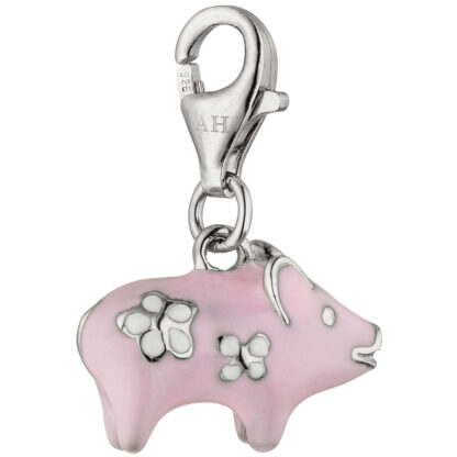 Einhänger/Charm "Glücksschweinchen" 925 Silber mit Lack rosa/weiß