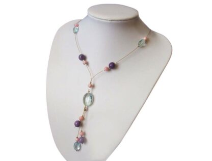 Collier vergoldet mit Aquamarinen, Amethysten und Rhodocrositen