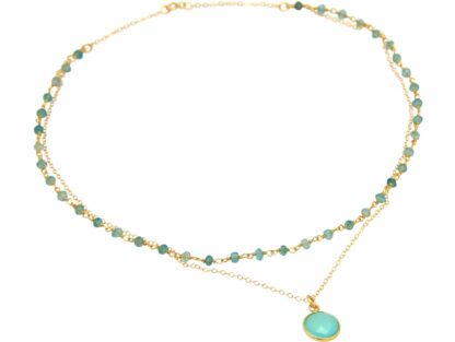 Collier-Doppel 925 Silber/vergoldet mit Chalcedonen in meeresgrün