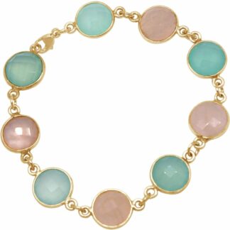 Armband 925 Silber/vergoldet mit Chalcedonen meeresgrün und Rosenquarzen