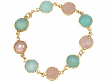 Armband 925 Silber/vergoldet mit Chalcedonen meeresgrün und Rosenquarzen