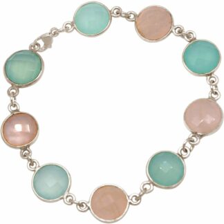 Armband 925 Silber mit Chalcedonen meeresgrün und Rosenquarzen