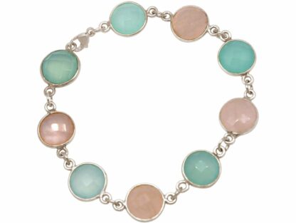 Armband 925 Silber mit Chalcedonen meeresgrün und Rosenquarzen