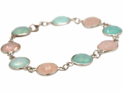 Armband 925 Silber mit Chalcedonen meeresgrün und Rosenquarzen