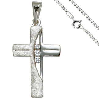 Collier "Kreuz" 925 Silber/teileismatt mit Zirkonia weiß ca. 50 cm