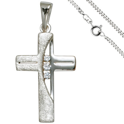 Collier "Kreuz" 925 Silber/teileismatt mit Zirkonia weiß ca. 50 cm