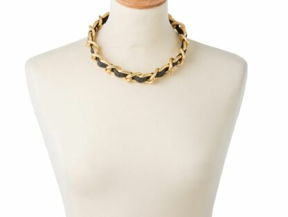 Collier vergoldet/texturiert mit Leder schwarz