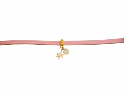 Lederarmband rosa mit „Schneeflocke“ 925 Silber/vergoldet und Rosenquarz