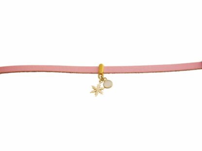 Lederarmband rosa mit „Schneeflocke“ 925 Silber/vergoldet und Rosenquarz