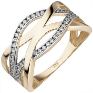 Ring 333 Gelbgold Bicolor mit 46 Zirkonia weiß abstrakt