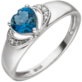 Ring 585 Weißgold mit Topas London Blue herzförmig und Brillanten