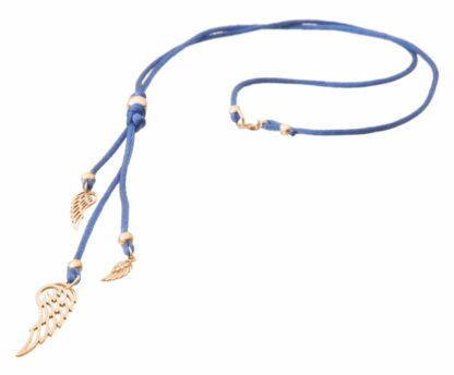 Halskette blaue Seide mit Kügelchen und Flügeln ca. 75 cm