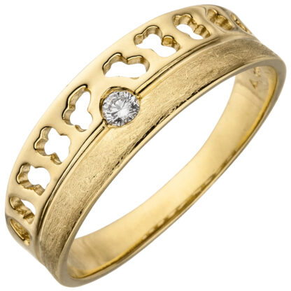 Ring 585 Gelbgold/teileismatt mit Dekor und Brillant