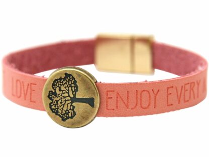 Kunst-Leder-Armband rosa mit Gravur Pickup „Baum“ Goldfarbe