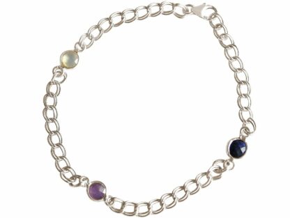 Glieder-Armband 925 Silber mit Rosenquarz, Blue Saphir und Amethyst violett