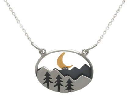 Collier "Wald, Gebirge und Mondsichel" 925 Silber/teilvergoldet