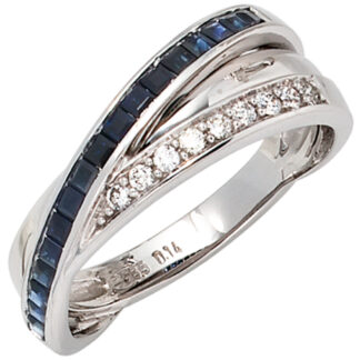 Ring 585 Weißgold mit Blue Saphiren und Brillanten 0,14 ct.