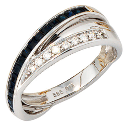 Ring 585 Weißgold mit Blue Saphiren und Brillanten 0,14 ct.