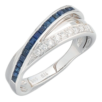 Ring 585 Weißgold mit Blue Saphiren und Brillanten 0,14 ct.