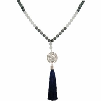 Halskette mit Ornament-Anhänger, Quaste, Jade sowie Labradoriten 925 Silber