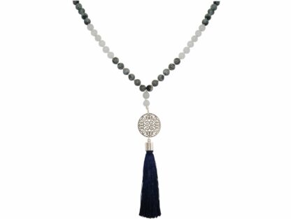 Halskette mit Ornament-Anhänger, Quaste, Jade sowie Labradoriten 925 Silber