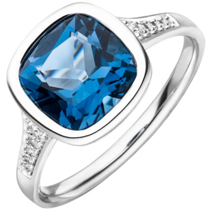 Ring geometrisch 585 Weißgold mit Blautopas London Blue und Brillanten