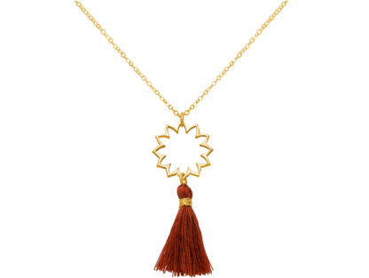 Collier "Mandala Blüte" 925 Silber/vergoldet mit Quaste rotbraun