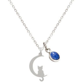 Collier "Katze und Halbmond" 925 Silber und Blue Saphir