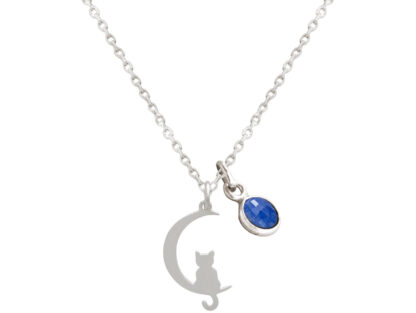 Collier "Katze und Halbmond" 925 Silber und Blue Saphir