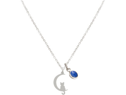 Collier "Katze und Halbmond" 925 Silber und Blue Saphir