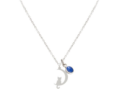 Collier "Katze und Halbmond" 925 Silber und Blue Saphir