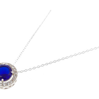 Collier 925 Silber mit Anhänger Blue Saphir und Schmucksteinen weiß