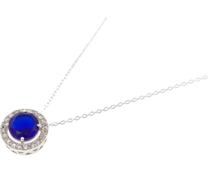 Collier 925 Silber mit Anhänger Blue Saphir und Schmucksteinen weiß