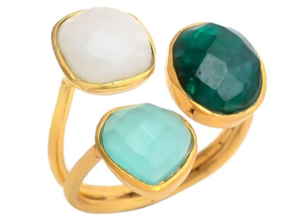 Ring 925 Silber/vergoldet mit Mondstein, Smaragd und Chalcedon