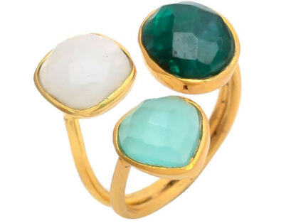 Ring 925 Silber/vergoldet mit Mondstein, Smaragd und Chalcedon