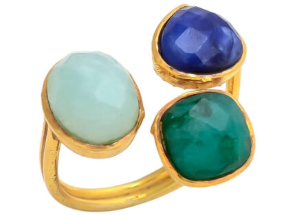 Ring 925 Silber/vergoldet mit Blue Saphir, Chalcedon und Smaragd