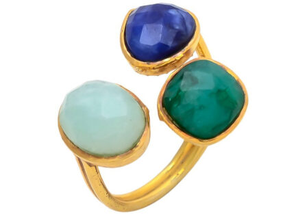 Ring 925 Silber/vergoldet mit Blue Saphir, Chalcedon und Smaragd