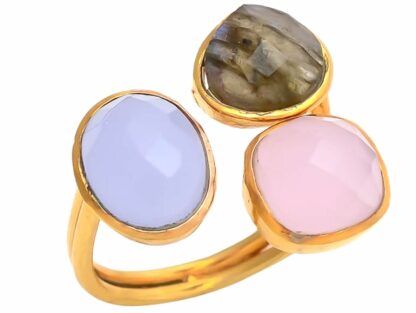 Ring 925 Silber/vergoldet mit Labradorit und Chalcedon in blau und rosa