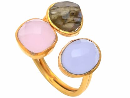 Ring 925 Silber/vergoldet mit Labradorit und Chalcedon in blau und rosa