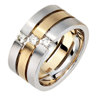 Damen Ring 3-reihig breit 585 Weiß-/Gelbgold Bicolor matt mit 3 Brillanten