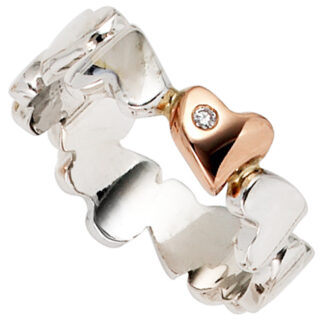 Damen Ring "Herzen" 585 Weiß-/Rotgold bicolor mit Brillant