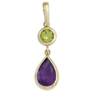 Anhänger 585 Gelbgold Peridot grün und Amethyst violett