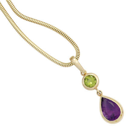 Anhänger 585 Gelbgold Peridot grün und Amethyst violett