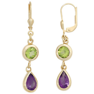 Boutons 585 Gelbgold mit zwei Amethysten lila und zwei Peridoten grün