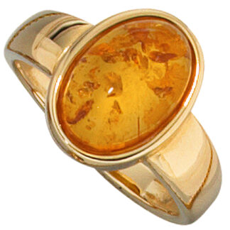 Damen Ring 585 Gelbgold mit einem Bernstein orange