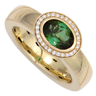 Damen Ring 585 Gelbgold mit einem Turmalin grün und 28 Brillanten