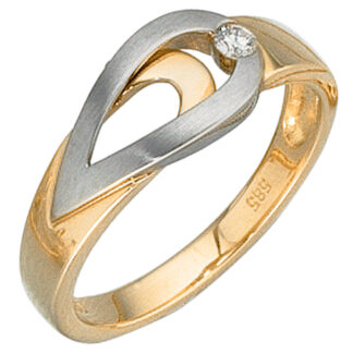 Damen Ring Tropenform 585 Gelb-/Weißgold bicolor matt mit einem Brillant