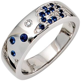 Damen Ring “Frosty frozen night” 585 Weißgold mit 13 Brillanten 0,10ct. und 15 Saphiren blau