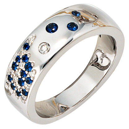 Damen Ring “Frosty frozen night” 585 Weißgold mit 13 Brillanten 0,10ct. und 15 Saphiren blau