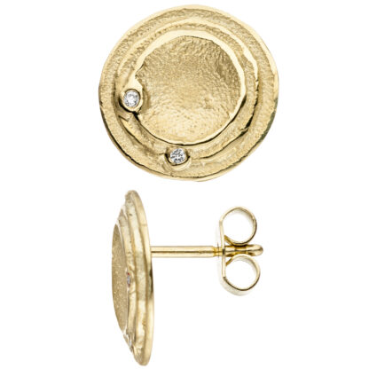 Ohrstecker "Planetenscheibe" 585 Gelbgold rund matt mit 4 Brillanten